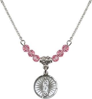 18" Rhodium Plated Necklace with 4mm Rose Crystal Beads featuring a Sterling Silver Our Lady of Guadalupe Medal. Engraved Catholic Saint Jewelry