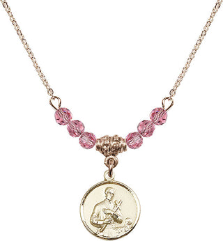 18" Hamilton Gold Plated Necklace with 4mm Rose Crystal Beads featuring a 14kt Gold Filled Saint Gerard Medal. Engraved Catholic Saint Jewelry