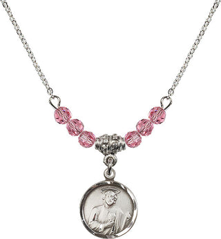 18" Rhodium Plated Necklace with 4mm Rose Crystal Beads featuring a Sterling Silver Saint Jude Medal. Engraved Catholic Saint Jewelry