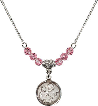 18" Rhodium Plated Necklace with 4mm Rose Crystal Beads featuring a Sterling Silver Saint Joseph Medal. Engraved Catholic Saint Jewelry