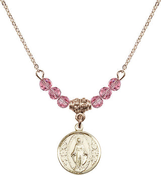18" Hamilton Gold Plated Necklace with 4mm Rose Crystal Beads featuring a 14kt Gold Filled Miraculous Medal.