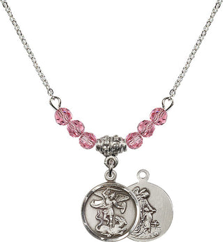 18" Rhodium Plated Necklace with 4mm Rose Crystal Beads featuring a Sterling Silver Saint Michael the Archangel Medal.