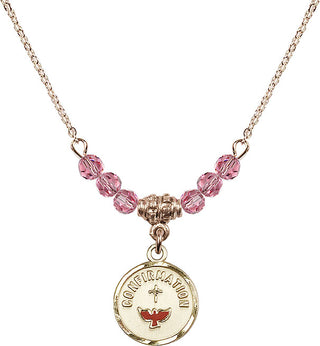 18" Hamilton Gold Plated Necklace with 4mm Rose Crystal Beads featuring a 14kt Gold Filled Confirmation Medal. Engraved Catholic Saint Jewelry