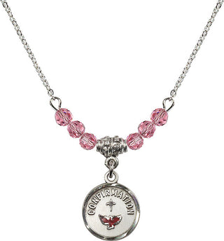 18" Rhodium Plated Necklace with 4mm Rose Crystal Beads featuring a Sterling Silver Confirmation Medal. Engraved Catholic Saint Jewelry
