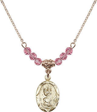 18" Hamilton Gold Plated Necklace with 4mm Rose Crystal Beads featuring a 14kt Gold Filled Saint Christopher Medal. Engraved Catholic Saint Jewelry