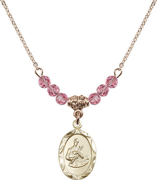 18" Hamilton Gold Plated Necklace with 4mm Rose Crystal Beads featuring a 14kt Gold Filled Saint Gerard Medal. Engraved Catholic Saint Jewelry