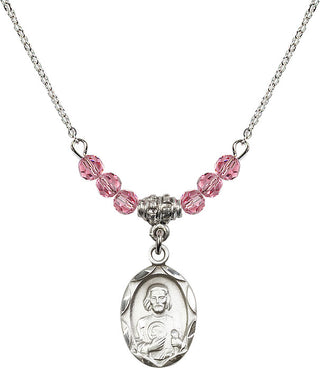 18" Rhodium Plated Necklace with 4mm Rose Crystal Beads featuring a Sterling Silver Saint Jude Medal. Engraved Catholic Saint Jewelry