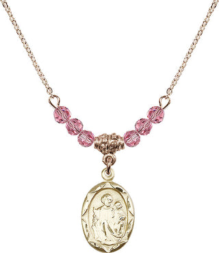 18" Hamilton Gold Plated Necklace with 4mm Rose Crystal Beads featuring a 14kt Gold Filled Saint Joseph Medal. Engraved Catholic Saint Jewelry