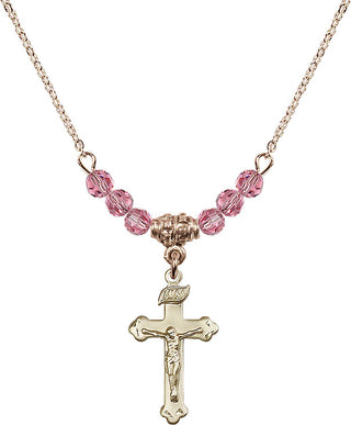 18" Hamilton Gold Plated Necklace with 4mm Rose Crystal Beads featuring a 14kt Gold Filled Crucifix Medal.