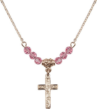 18" Hamilton Gold Plated Necklace with 4mm Rose Crystal Beads featuring a 14kt Gold Filled Cross Medal.