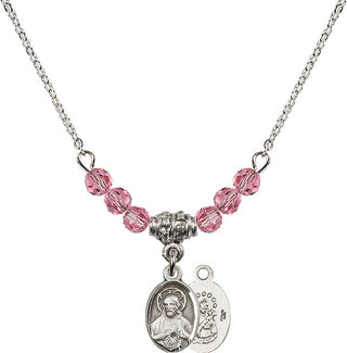 18" Rhodium Plated Necklace with 4mm Rose Crystal Beads featuring a Sterling Silver Scapular Medal.
