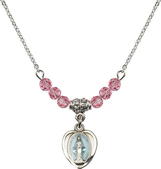 18" Rhodium Plated Necklace with 4mm Rose Crystal Beads featuring a Sterling Silver Miraculous Medal.