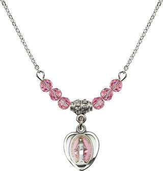 18" Rhodium Plated Necklace with 4mm Rose Crystal Beads featuring a Sterling Silver Miraculous Medal.