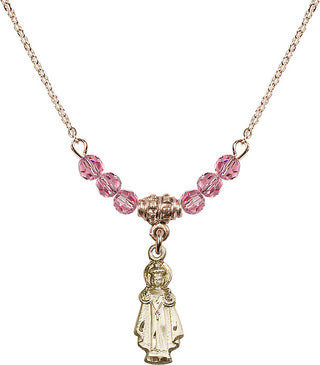 18" Hamilton Gold Plated Necklace with 4mm Rose Crystal Beads featuring a 14kt Gold Filled Infant of Prague Medal.