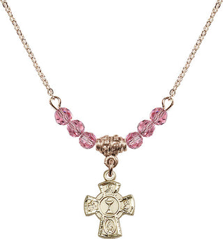 18" Hamilton Gold Plated Necklace with 4mm Rose Crystal Beads featuring a 14kt Gold Filled 5-Way / Chalice Medal.