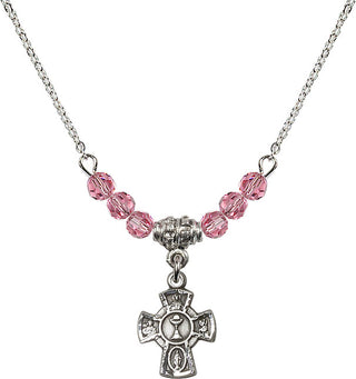 18" Rhodium Plated Necklace with 4mm Rose Crystal Beads featuring a Sterling Silver 5-Way / Chalice Medal.