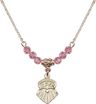 18" Hamilton Gold Plated Necklace with 4mm Rose Crystal Beads featuring a 14kt Gold Filled Seven Gifts Medal.