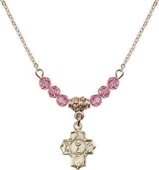 18" Hamilton Gold Plated Necklace with 4mm Rose Crystal Beads featuring a 14kt Gold Filled Communion 5-Way Medal.