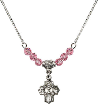 18" Rhodium Plated Necklace with 4mm Rose Crystal Beads featuring a Sterling Silver Communion 5-Way Medal.