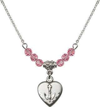 18" Rhodium Plated Necklace with 4mm Rose Crystal Beads featuring a Sterling Silver Heart / Confirmation Medal.
