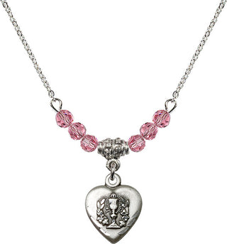 18" Rhodium Plated Necklace with 4mm Rose Crystal Beads featuring a Sterling Silver Heart / Communion Medal.
