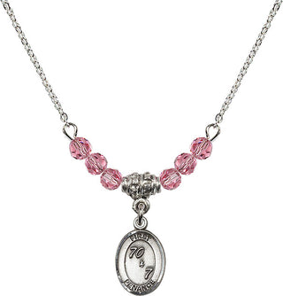 18" Rhodium Plated Necklace with 4mm Rose Crystal Beads featuring a Sterling Silver First Penance Medal.