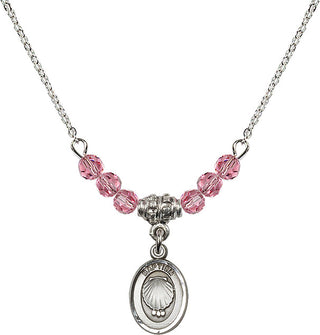 18" Rhodium Plated Necklace with 4mm Rose Crystal Beads featuring a Sterling Silver Baptism Medal.