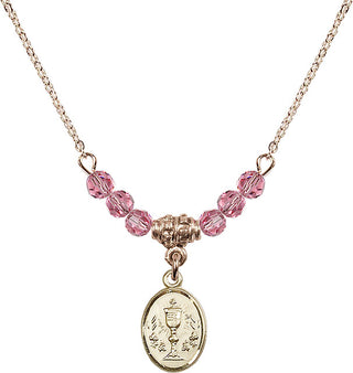 18" Hamilton Gold Plated Necklace with 4mm Rose Crystal Beads featuring a 14kt Gold Filled Chalice Medal.