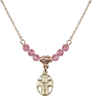 18" Hamilton Gold Plated Necklace with 4mm Rose Crystal Beads featuring a 14kt Gold Filled Crucifix Medal.
