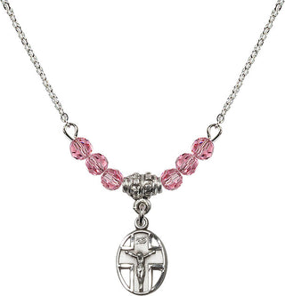 18" Rhodium Plated Necklace with 4mm Rose Crystal Beads featuring a Sterling Silver Crucifix Medal.