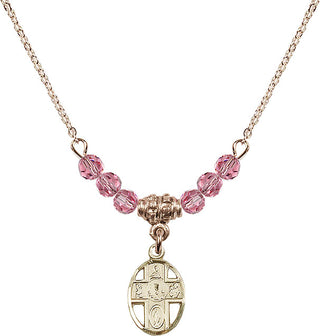 18" Hamilton Gold Plated Necklace with 4mm Rose Crystal Beads featuring a 14kt Gold Filled 5-Way / Chalice Medal.