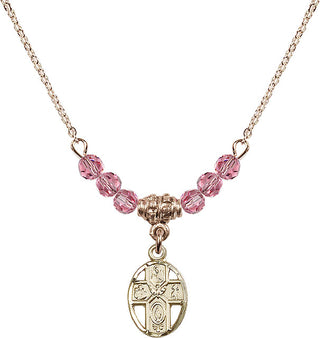18" Hamilton Gold Plated Necklace with 4mm Rose Crystal Beads featuring a 14kt Gold Filled 5-Way Medal.