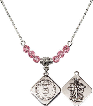 18" Rhodium Plated Necklace with 4mm Rose Crystal Beads featuring a Sterling Silver Air Force Diamond Medal.