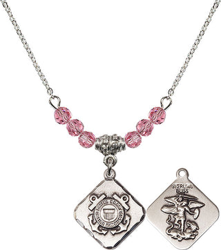 18" Rhodium Plated Necklace with 4mm Rose Crystal Beads featuring a Sterling Silver Coast Guard Diamond Medal.
