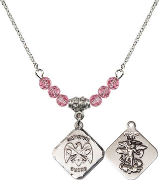 18" Rhodium Plated Necklace with 4mm Rose Crystal Beads featuring a Sterling Silver Nat'l Guard Diamond Medal.