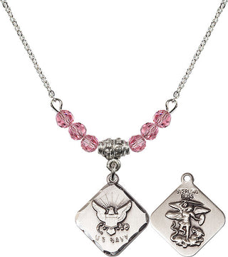 18" Rhodium Plated Necklace with 4mm Rose Crystal Beads featuring a Sterling Silver Navy Diamond Medal.