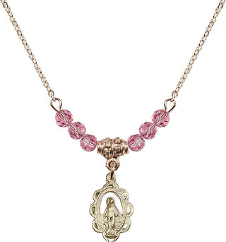 18" Hamilton Gold Plated Necklace with 4mm Rose Crystal Beads featuring a 14kt Gold Filled Miraculous Medal.