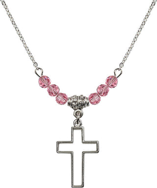18" Rhodium Plated Necklace with 4mm Rose Crystal Beads featuring a Sterling Silver Cross Medal.