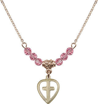 18" Hamilton Gold Plated Necklace with 4mm Rose Crystal Beads featuring a 14kt Gold Filled Heart / Cross Medal.