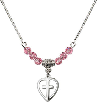 18" Rhodium Plated Necklace with 4mm Rose Crystal Beads featuring a Sterling Silver Heart / Cross Medal.