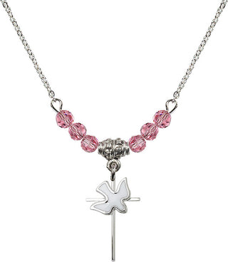 18" Rhodium Plated Necklace with 4mm Rose Crystal Beads featuring a Sterling Silver Cross / Holy Spirit Medal.