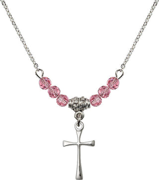 18" Rhodium Plated Necklace with 4mm Rose Crystal Beads featuring a Sterling Silver Maltese Cross Medal.