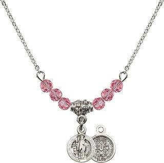 18" Rhodium Plated Necklace with 4mm Rose Crystal Beads featuring a Sterling Silver Saint Benedict Medal.