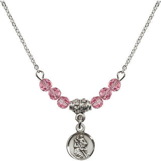 18" Rhodium Plated Necklace with 4mm Rose Crystal Beads featuring a Sterling Silver Saint Christopher Medal.