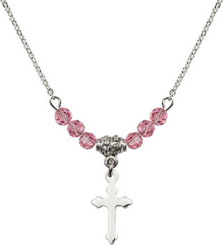 18" Rhodium Plated Necklace with 4mm Rose Crystal Beads featuring a Sterling Silver Cross Medal.