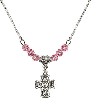 18" Rhodium Plated Necklace with 4mm Rose Crystal Beads featuring a Sterling Silver 5-Way Medal.