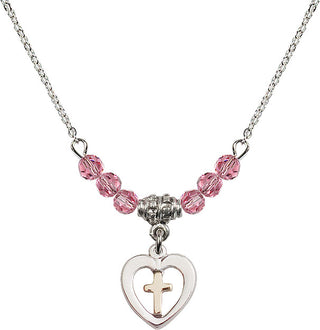 18" Rhodium Plated Necklace with 4mm Rose Crystal Beads featuring a Gold Filled / Sterling Silver Heart / Cross Medal.
