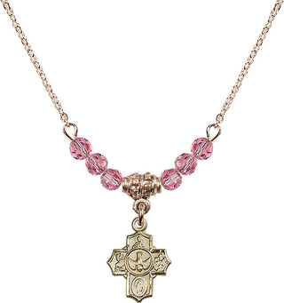18" Hamilton Gold Plated Necklace with 4mm Rose Crystal Beads featuring a 14kt Gold Filled 5-Way Medal.