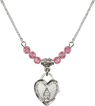 18" Rhodium Plated Necklace with 4mm Rose Crystal Beads featuring a Sterling Silver Miraculous Heart Medal. Engraved Catholic Saint Jewelry
