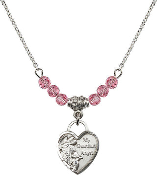 18" Rhodium Plated Necklace with 4mm Rose Crystal Beads featuring a Sterling Silver Guardian Angel Heart Medal. Engraved Catholic Saint Jewelry